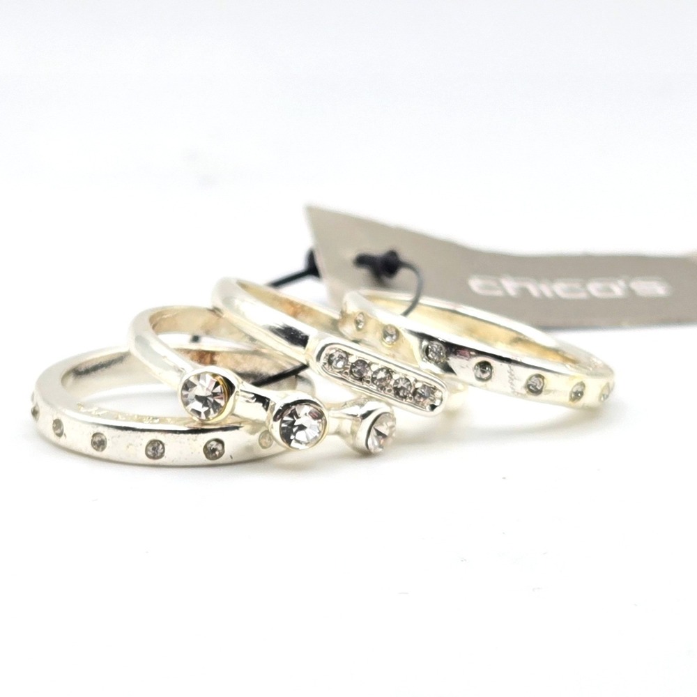 Chicos Grace Ring Set‎ 4 Stackable Silver Tone Crystal Bands Size 7 NWT